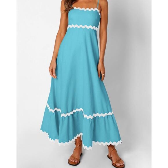 PrettyGarden Blue White Maxi Dress Smocked Back W/ Pockets Size M - Picture 9 of 9